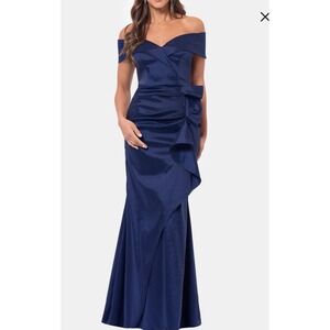 XSCAPE Off The Shoulder Gown Womens 8 Navy Blue Ruffle Formal Dress Prom y2K